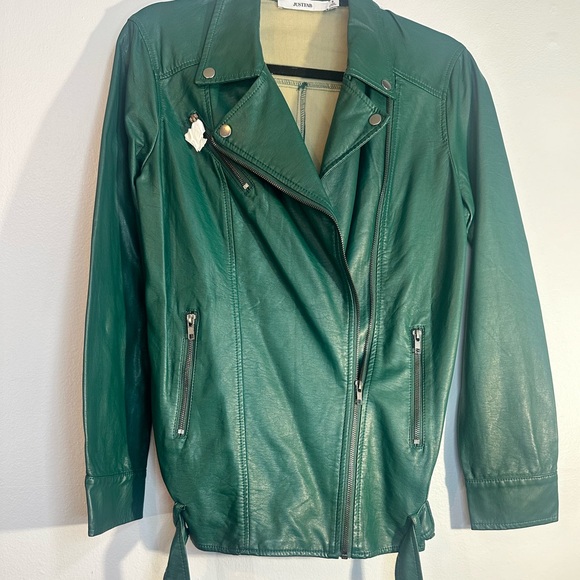 Emerald green faux leather jacket silver hardware size small Justen - Picture 2 of 6